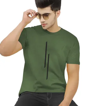 Men Olive Green Line Printed Round Neck Half Sleeve T-shirt