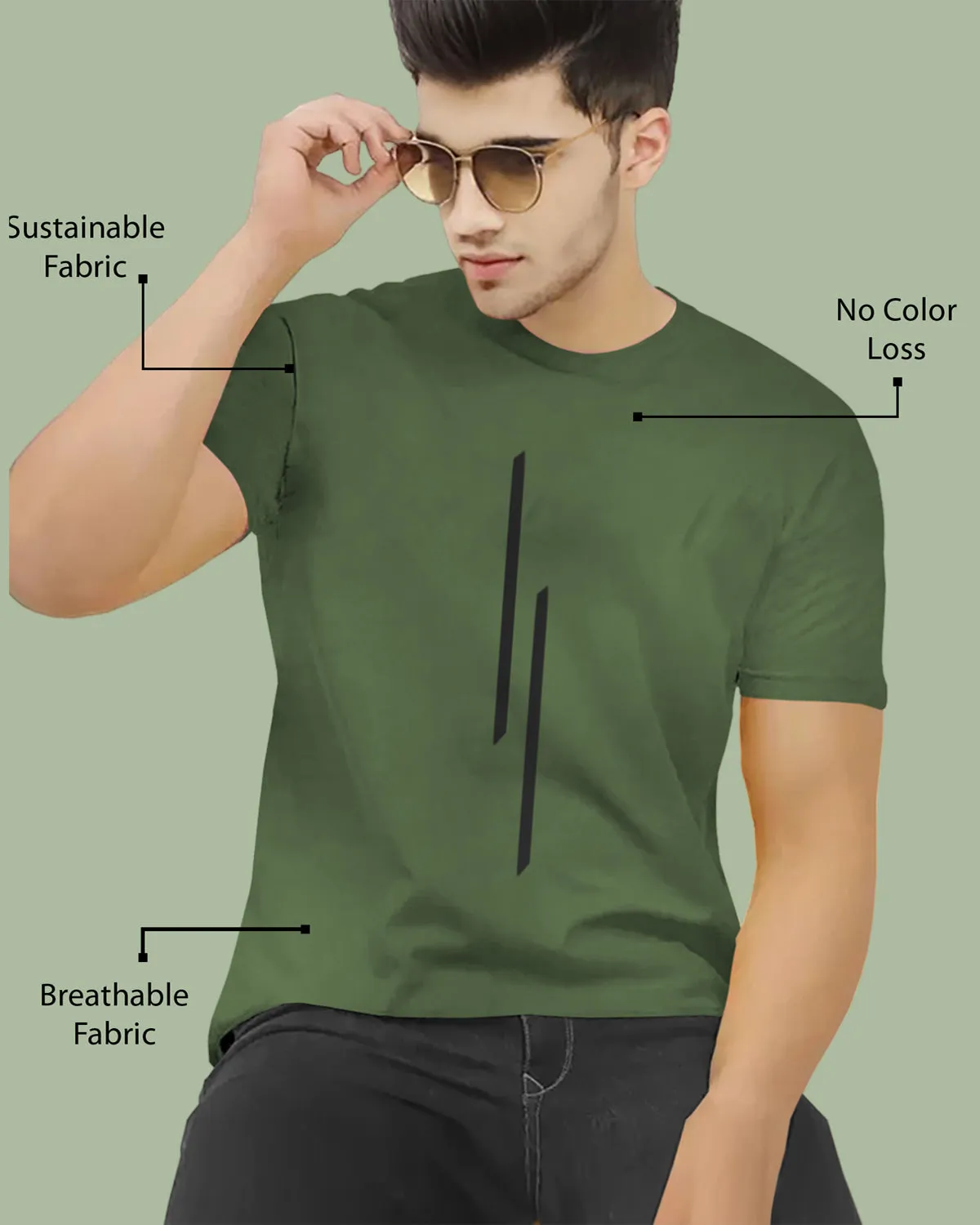 Men Olive Green Line Printed Round Neck Half Sleeve T-shirt