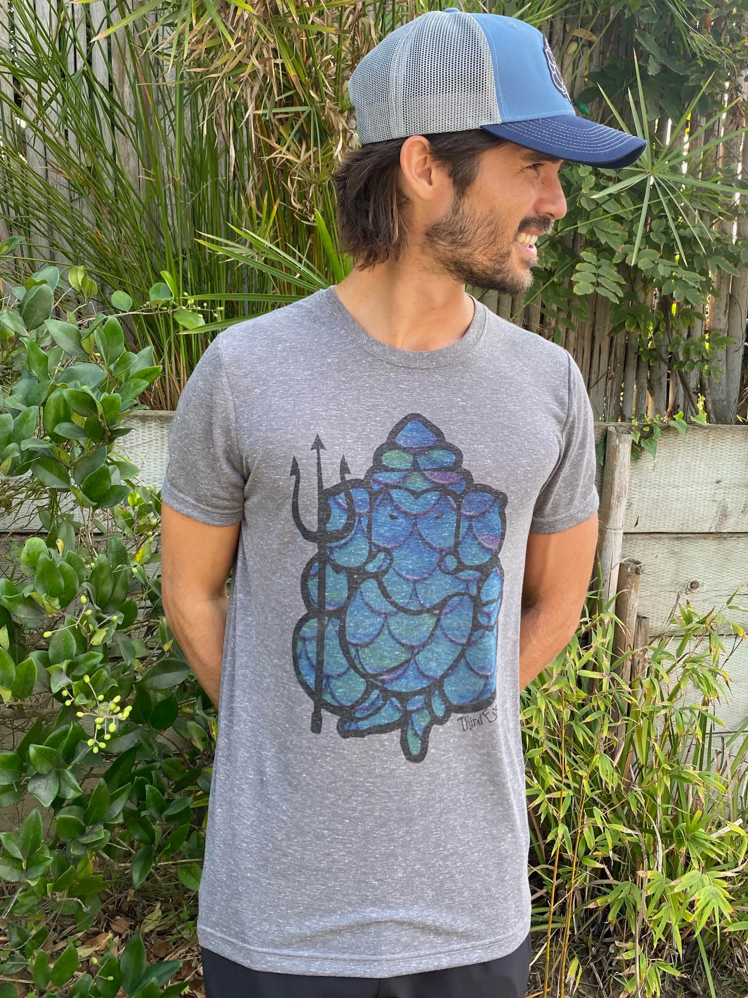 Merman Ganesh With Trident On Linen Blend Crew Neck Tee