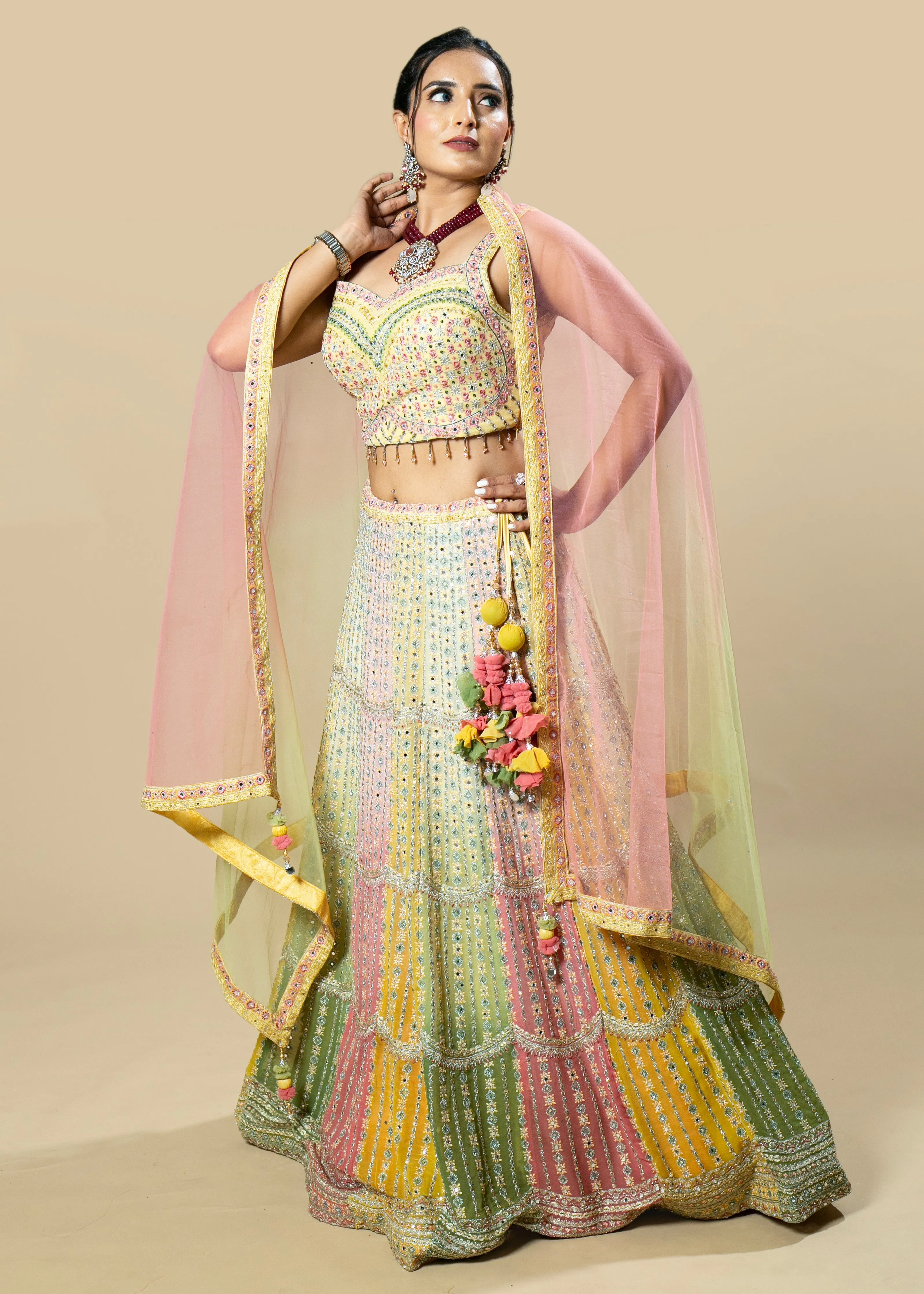 Multi-Colored Embroidered Georgette Blouse and Skirt Set with Pink Net Dupatta