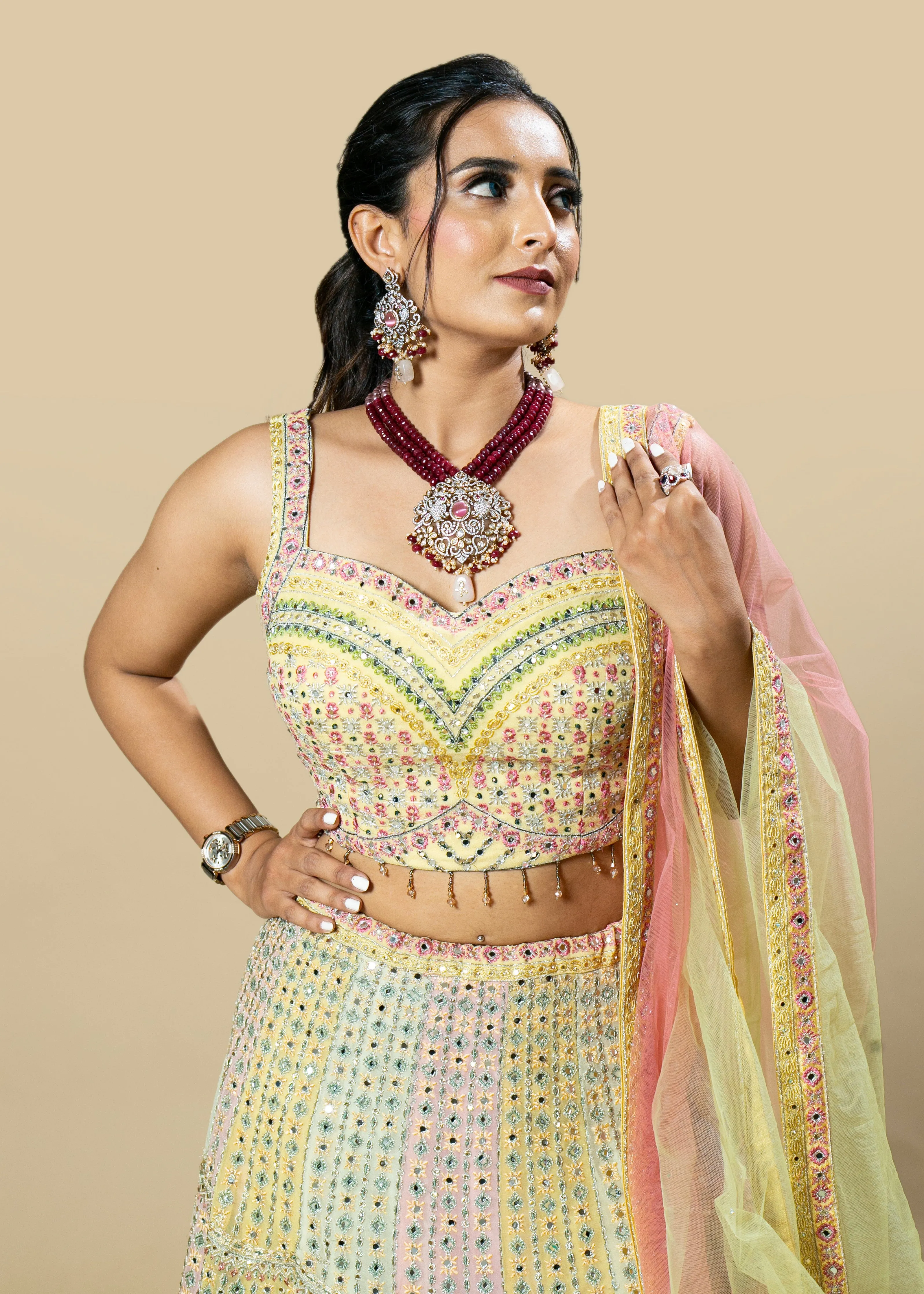 Multi-Colored Embroidered Georgette Blouse and Skirt Set with Pink Net Dupatta