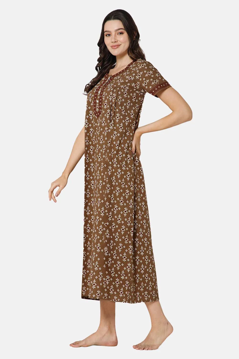 Naidu Hall A-line Front Open Women's Nighty Full Length Half Sleeve  - Green - R135