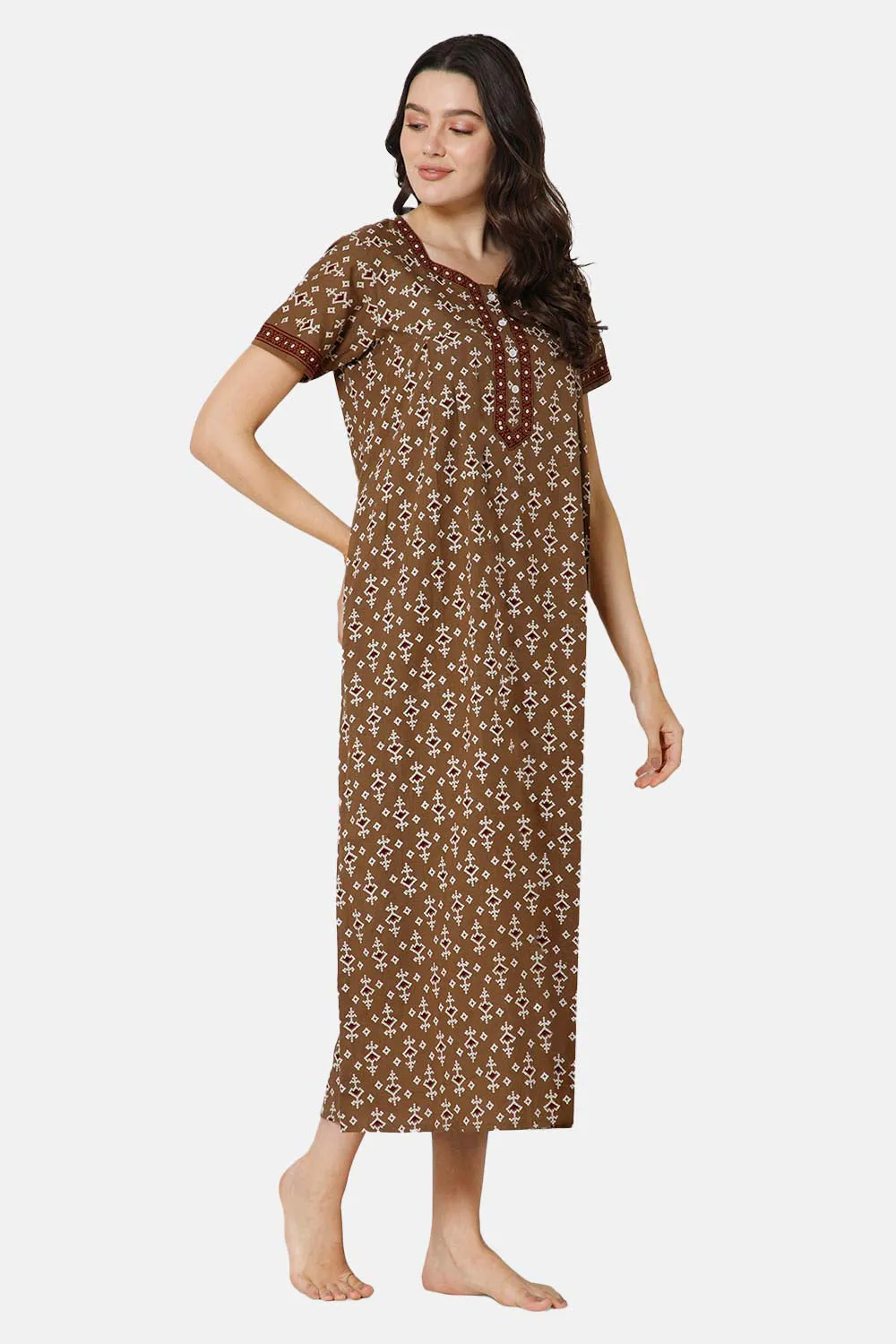 Naidu Hall A-line Front Open Women's Nighty Full Length Half Sleeve  - Green - R135