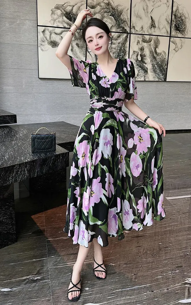 New design sense high-end temperament printed short sleeve long dress