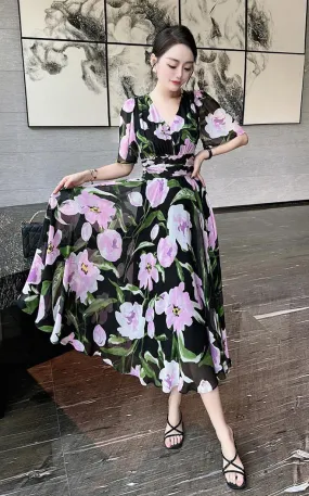 New design sense high-end temperament printed short sleeve long dress