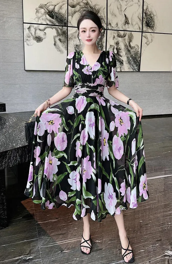 New design sense high-end temperament printed short sleeve long dress