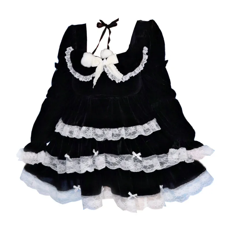 Plus Size Black & White Gothic EGL Winter Plush Velvet Long Sleeve Top & Mini Skirt Dress Two Piece Set