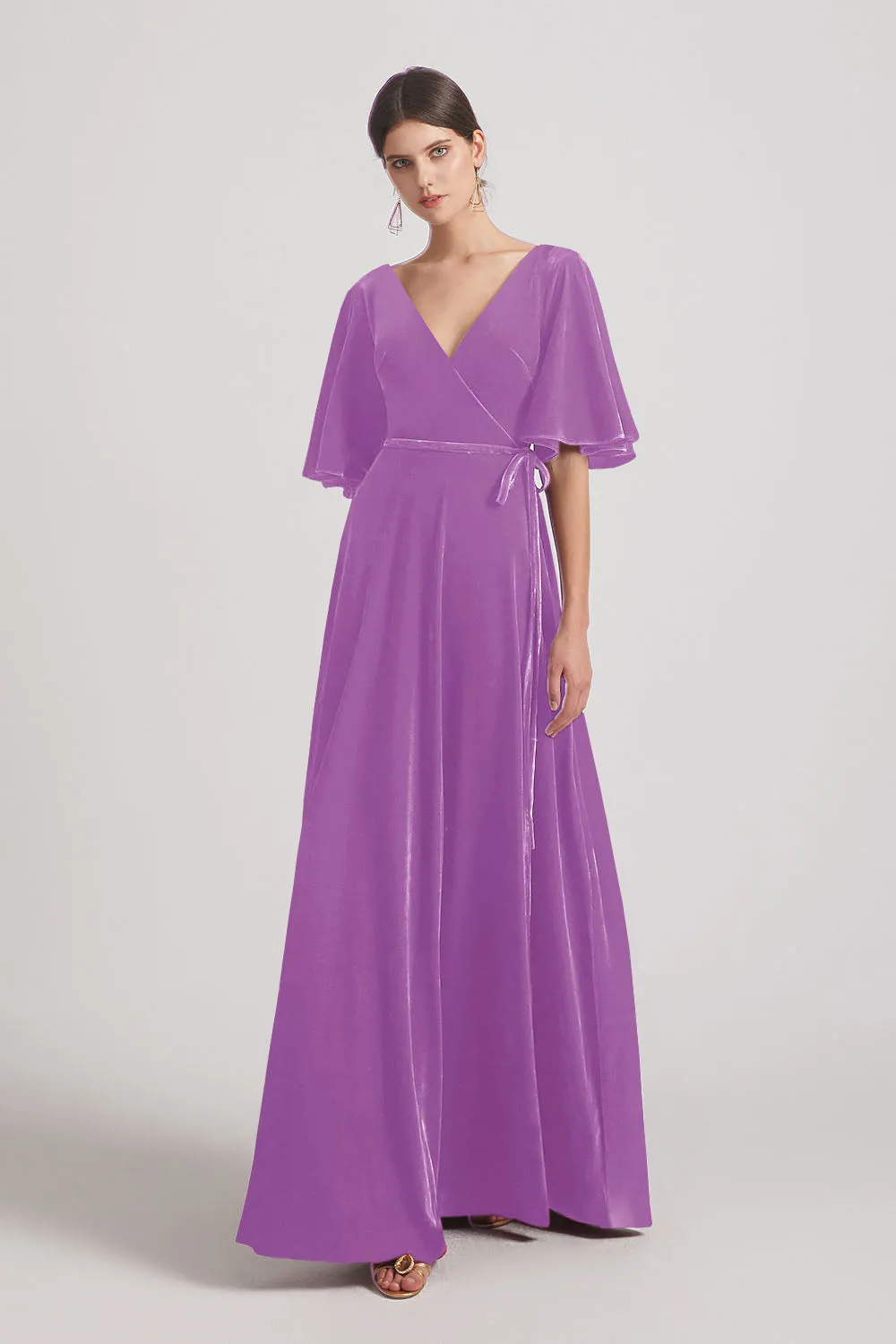 Velvet Maxi Bridesmaid Dresses With Elbow Length Flutter Sleeves (AF0124)