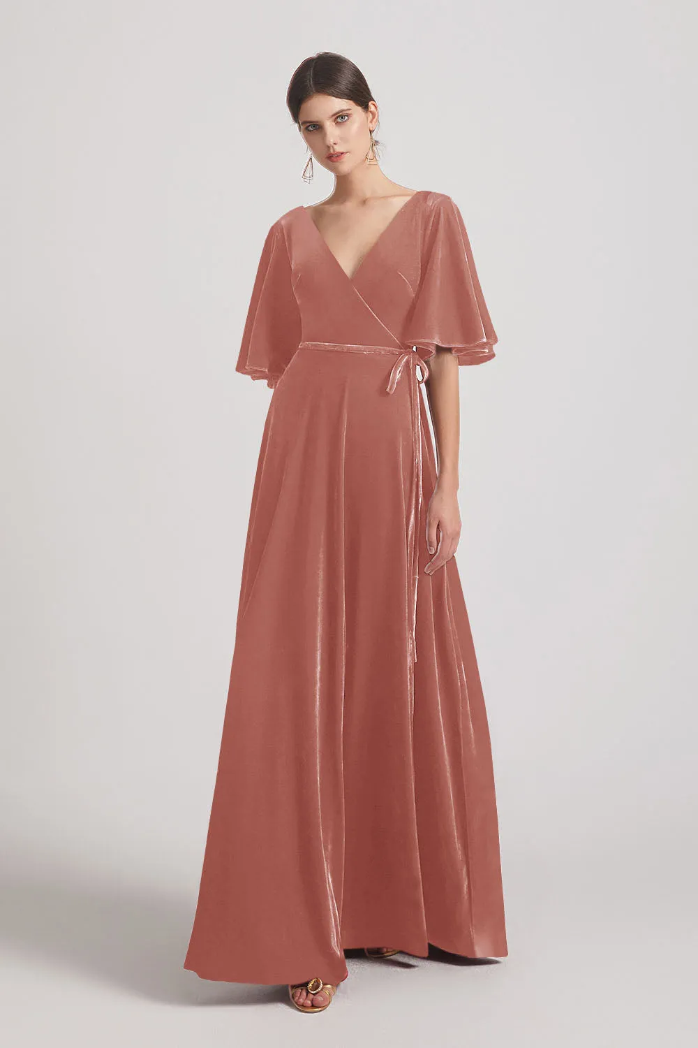 Velvet Maxi Bridesmaid Dresses With Elbow Length Flutter Sleeves (AF0124)