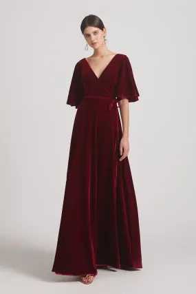 Velvet Maxi Bridesmaid Dresses With Elbow Length Flutter Sleeves (AF0124)