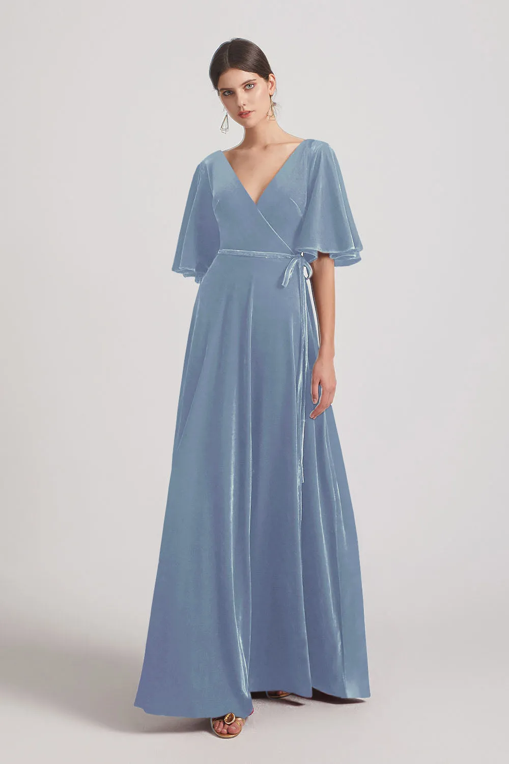 Velvet Maxi Bridesmaid Dresses With Elbow Length Flutter Sleeves (AF0124)