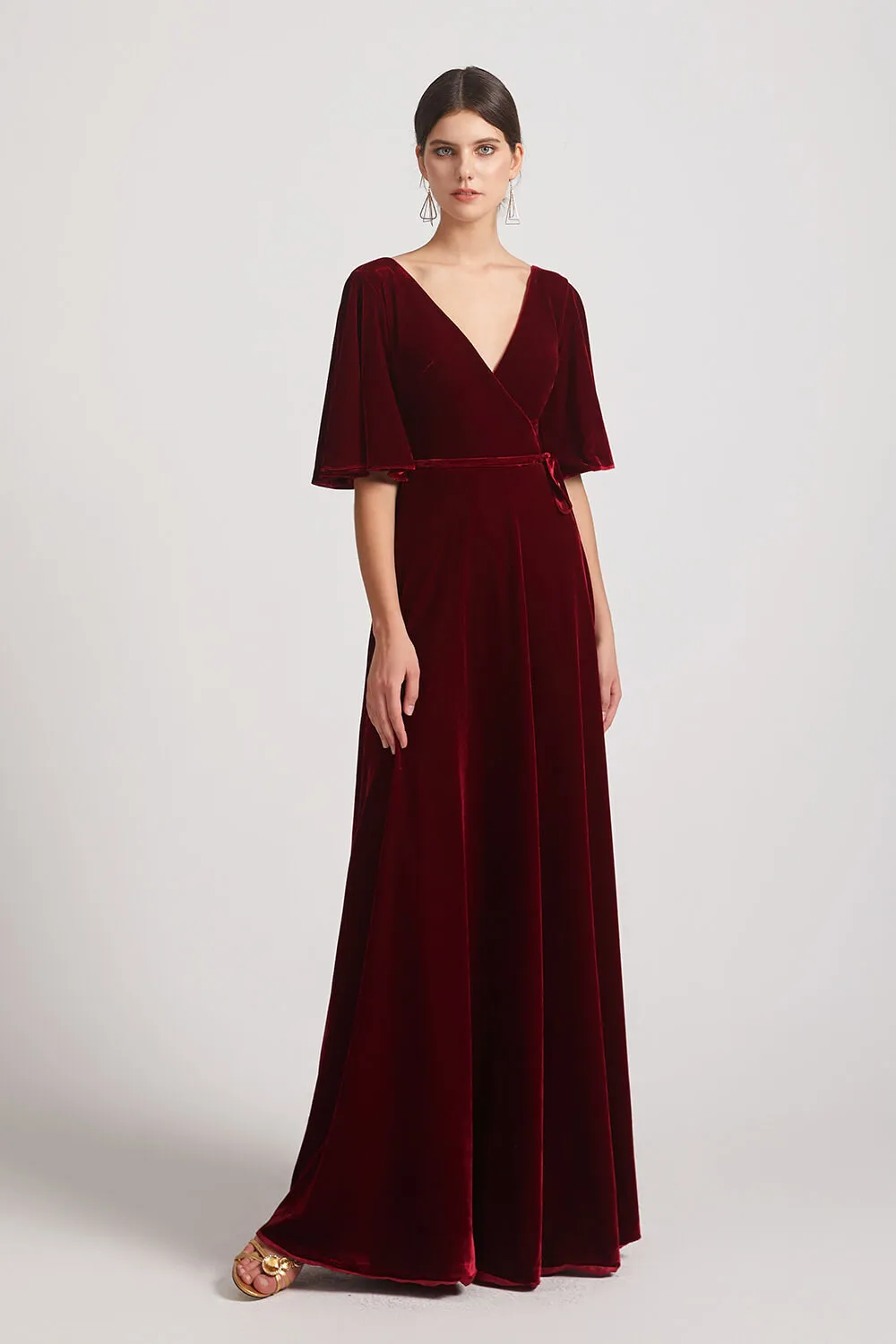 Velvet Maxi Bridesmaid Dresses With Elbow Length Flutter Sleeves (AF0124)