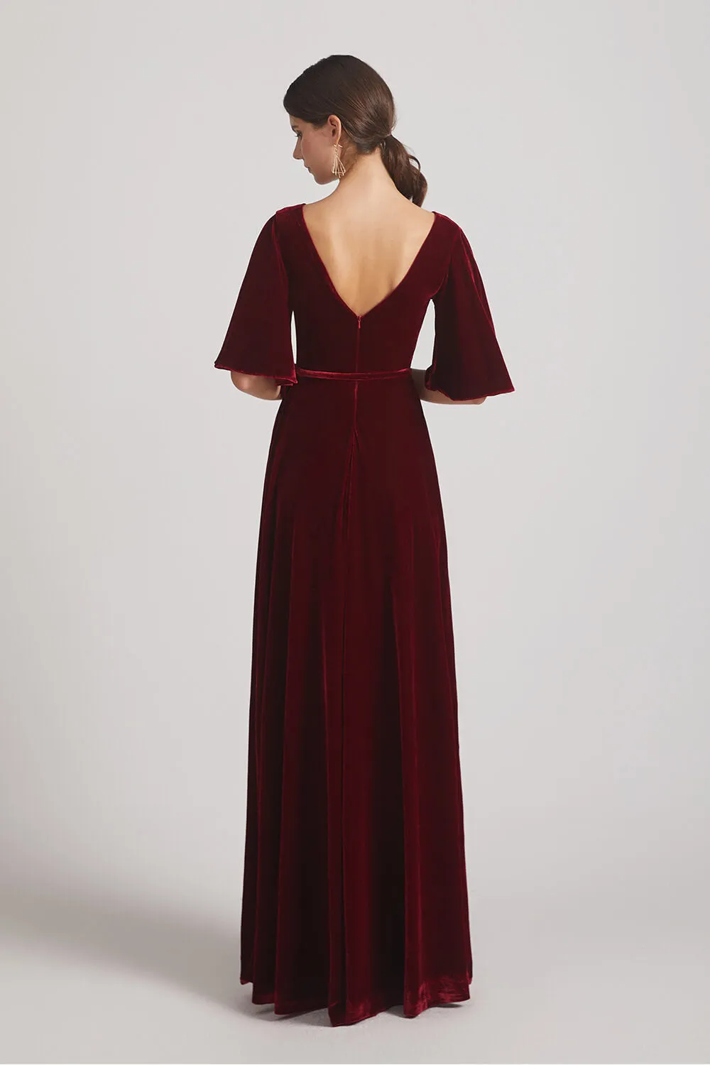 Velvet Maxi Bridesmaid Dresses With Elbow Length Flutter Sleeves (AF0124)