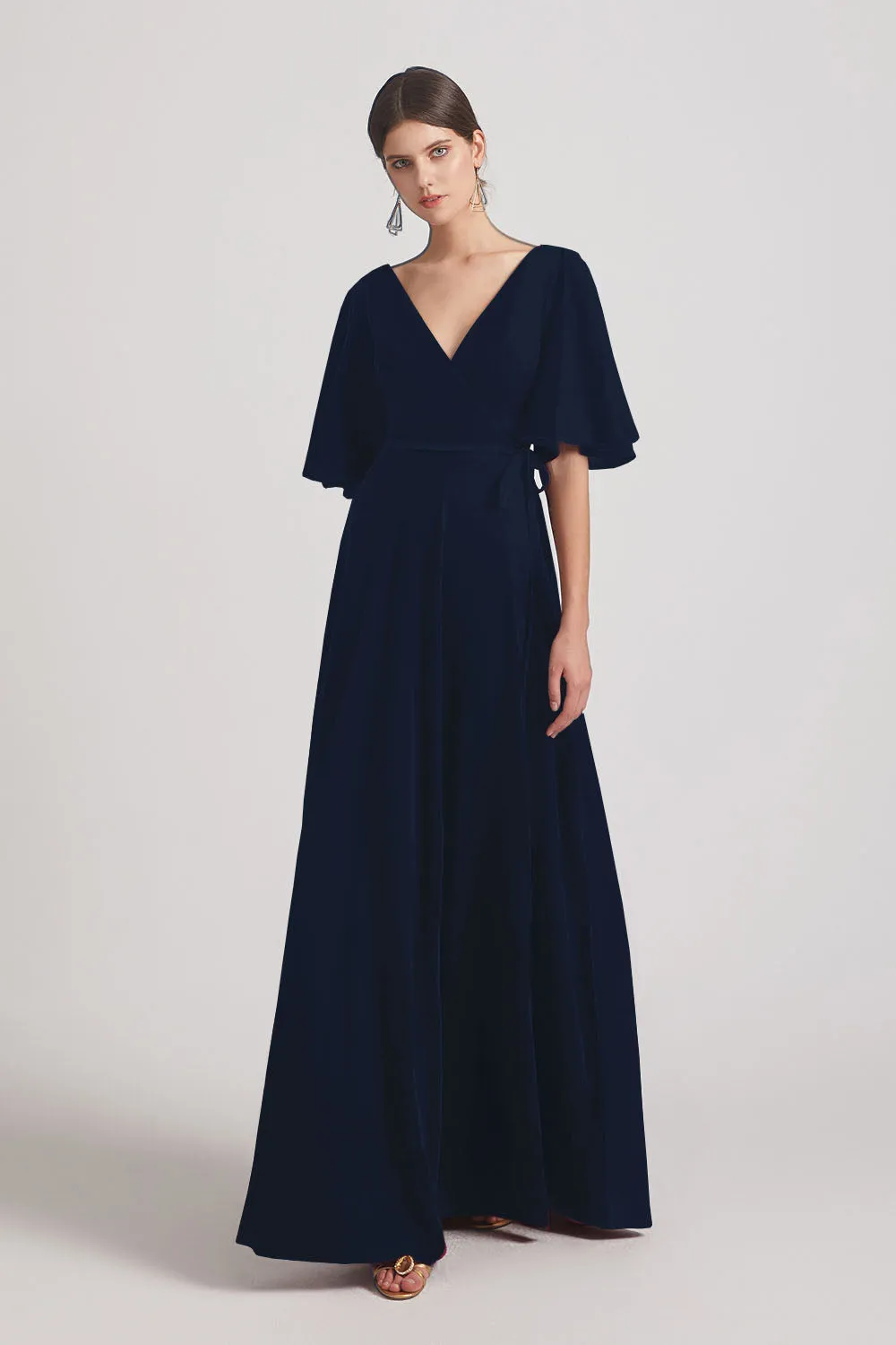 Velvet Maxi Bridesmaid Dresses With Elbow Length Flutter Sleeves (AF0124)