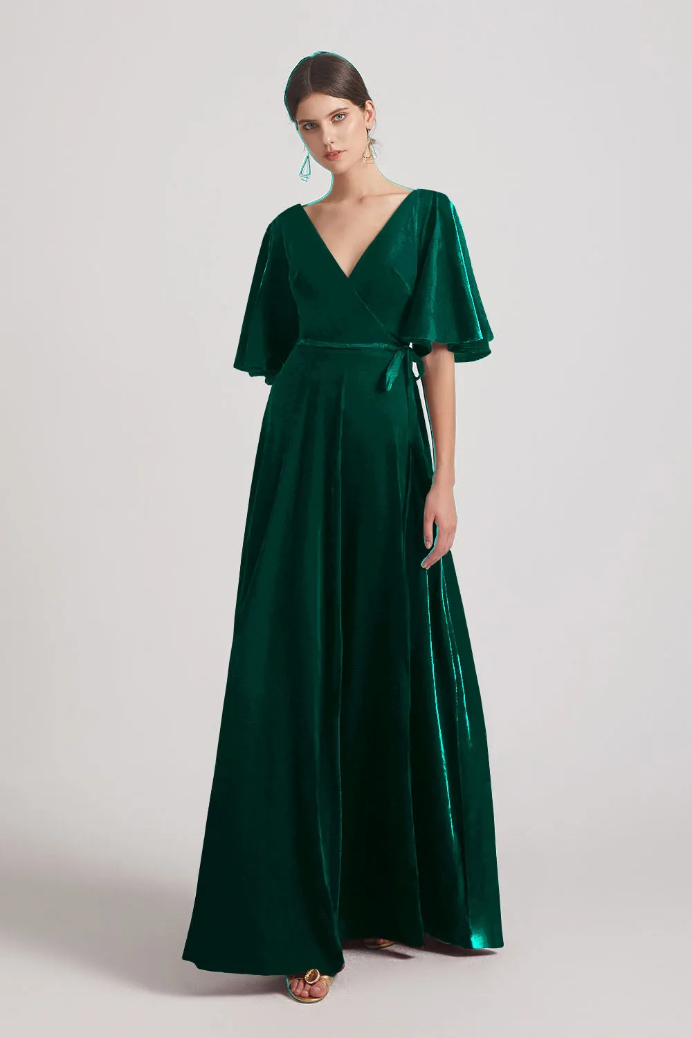 Velvet Maxi Bridesmaid Dresses With Elbow Length Flutter Sleeves (AF0124)