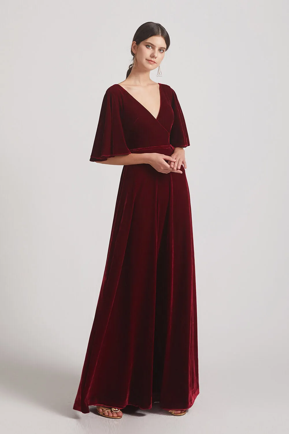 Velvet Maxi Bridesmaid Dresses With Elbow Length Flutter Sleeves (AF0124)