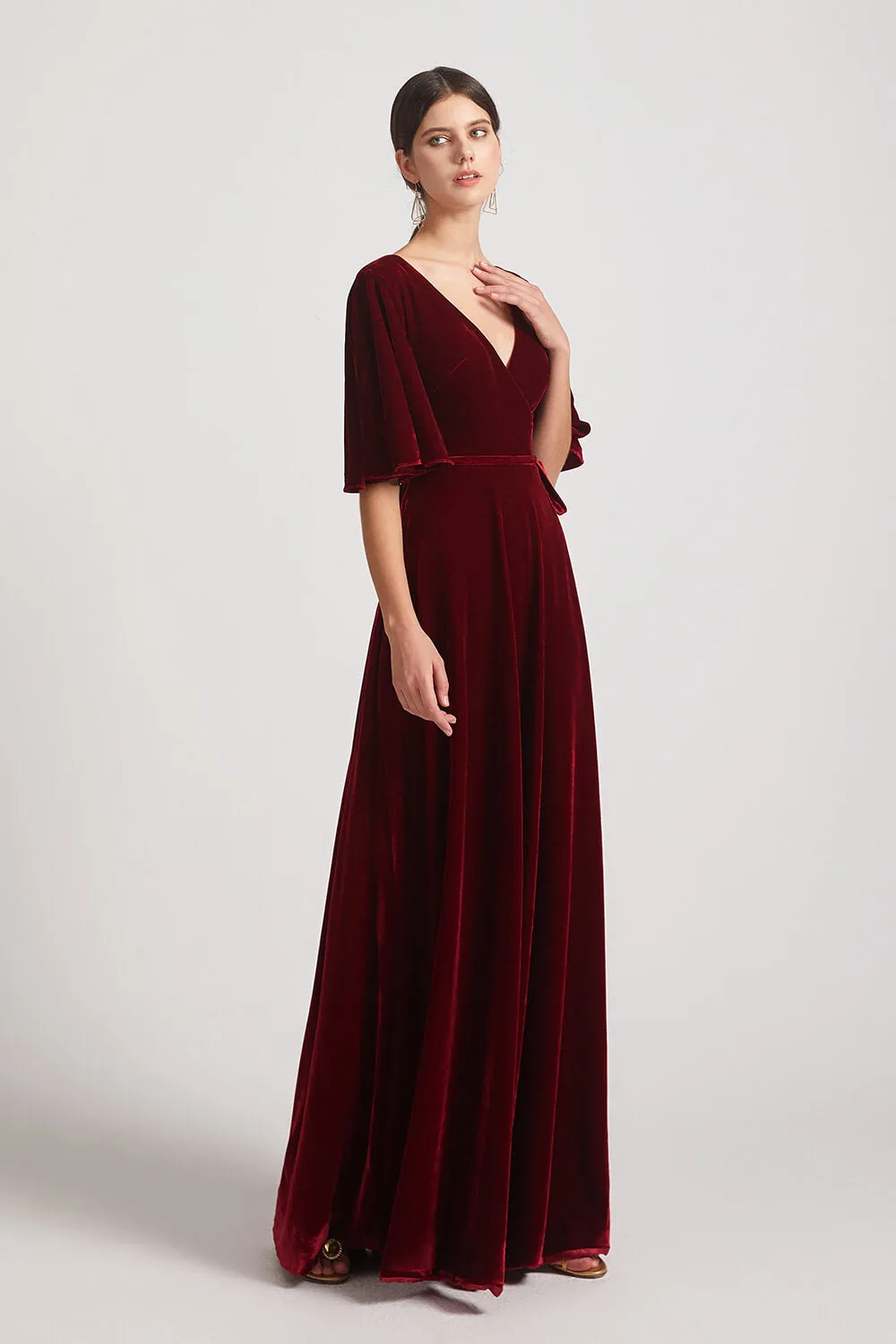 Velvet Maxi Bridesmaid Dresses With Elbow Length Flutter Sleeves (AF0124)