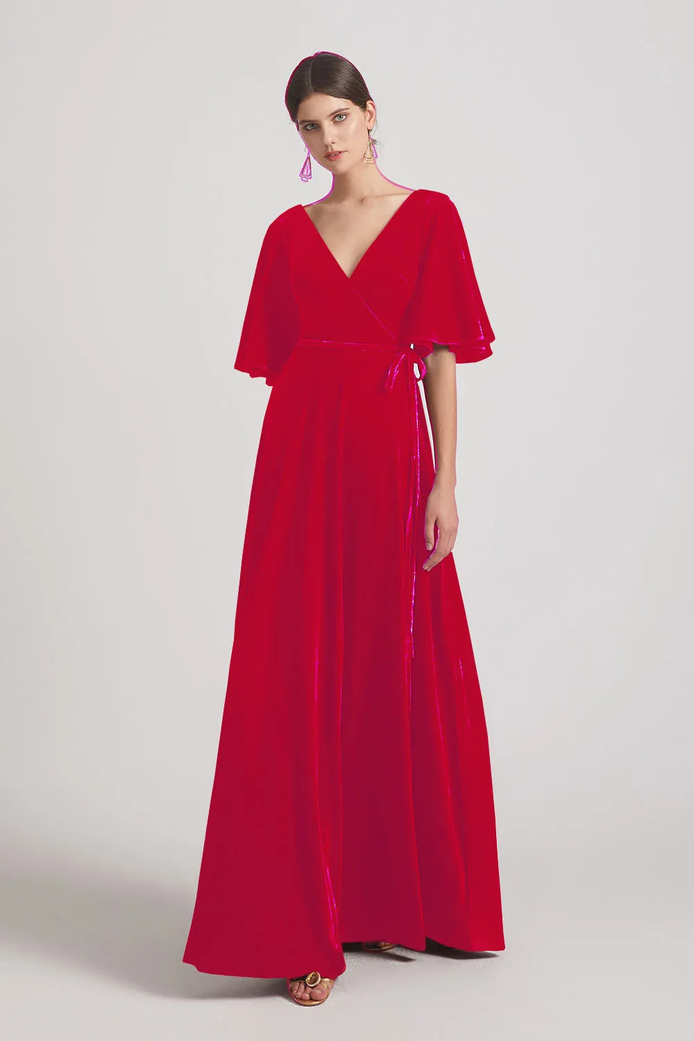 Velvet Maxi Bridesmaid Dresses With Elbow Length Flutter Sleeves (AF0124)