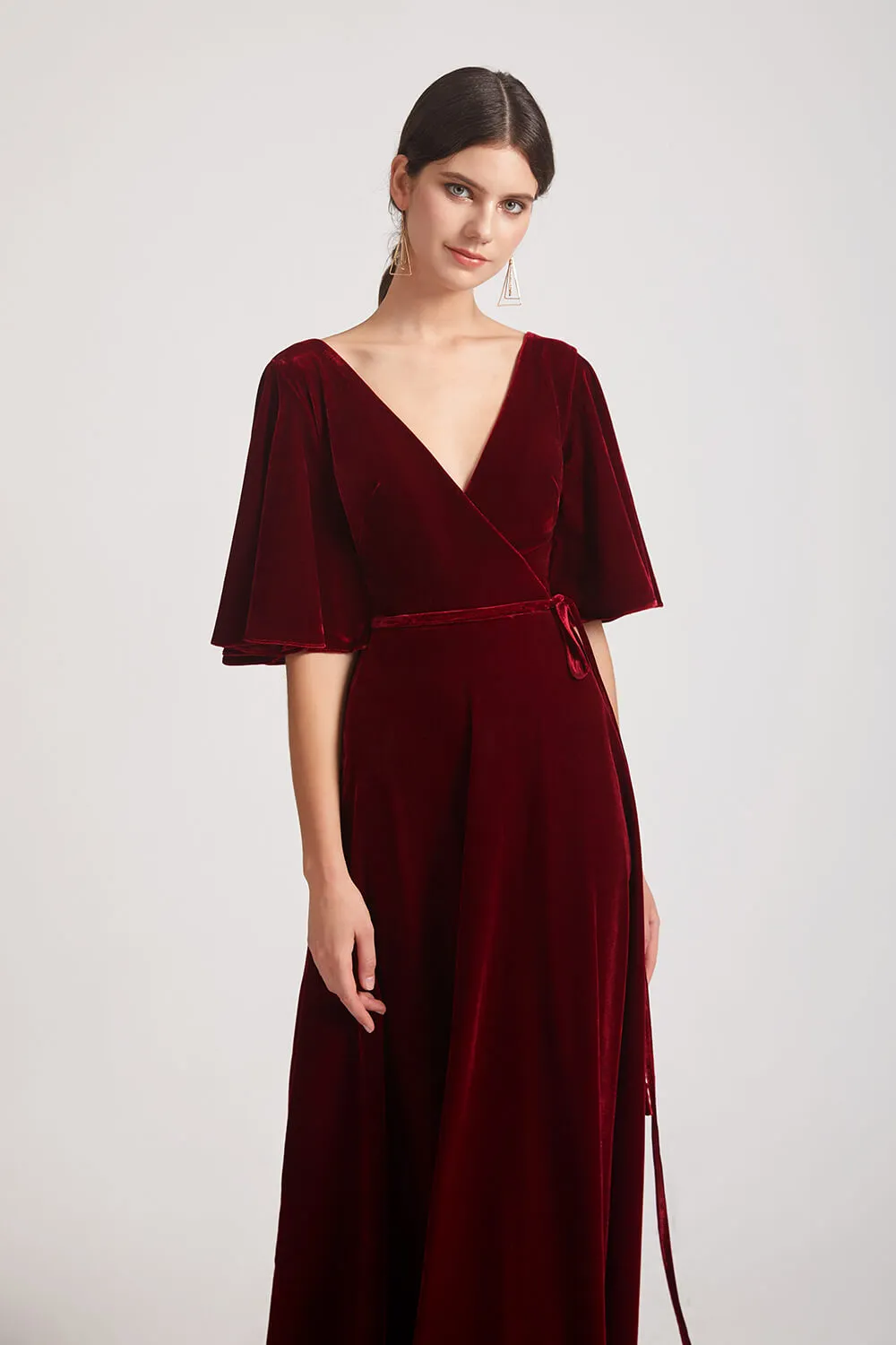 Velvet Maxi Bridesmaid Dresses With Elbow Length Flutter Sleeves (AF0124)