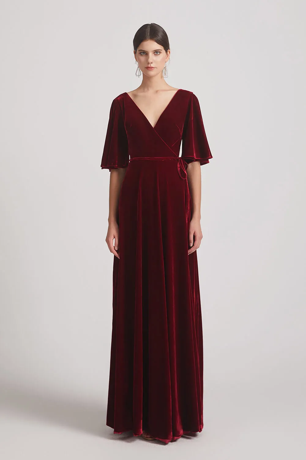 Velvet Maxi Bridesmaid Dresses With Elbow Length Flutter Sleeves (AF0124)