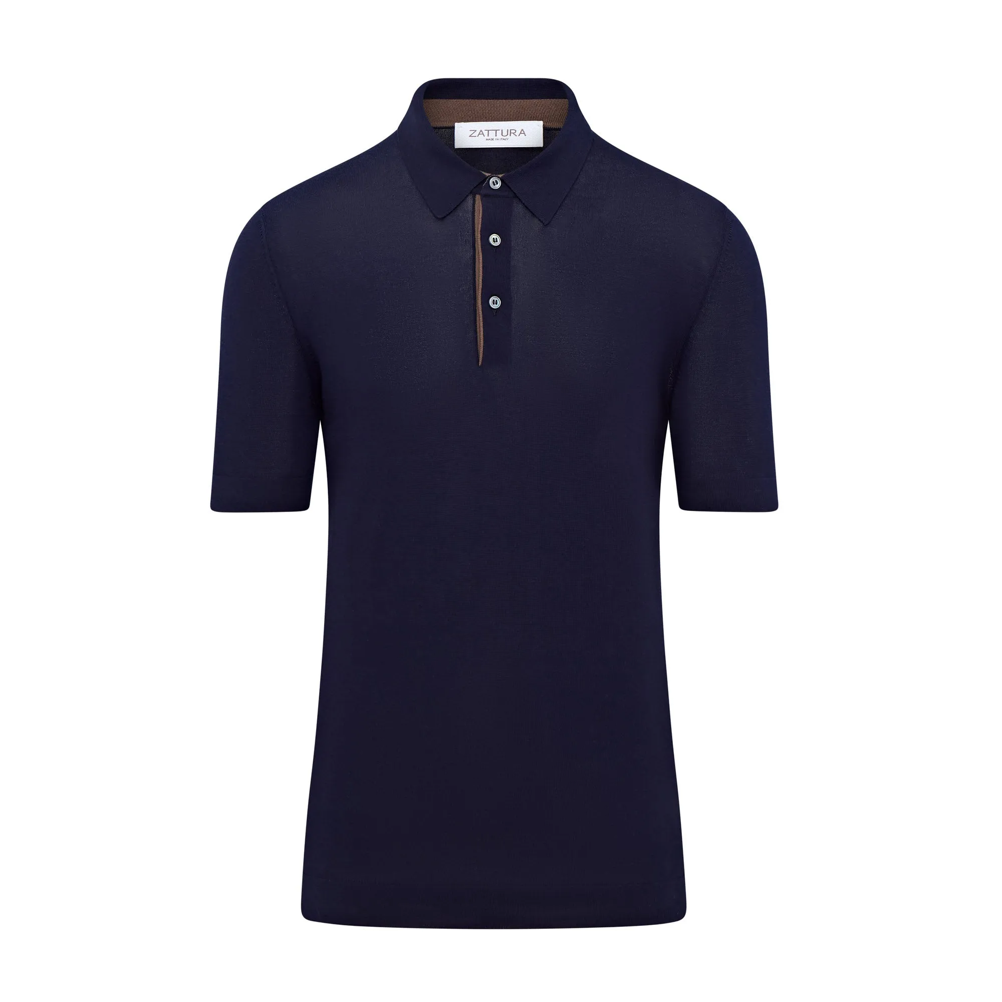 Zattura Knitted Short Sleeve Contrast Lined Button Polo (Navy / Brown)