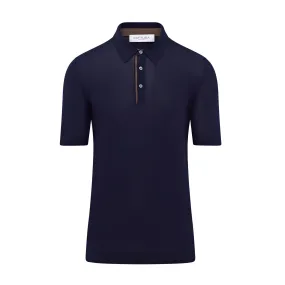 Zattura Knitted Short Sleeve Contrast Lined Button Polo (Navy / Brown)